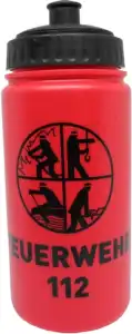 Trinkflasche rot/schwarz mit Signet und Feuerwehr 112