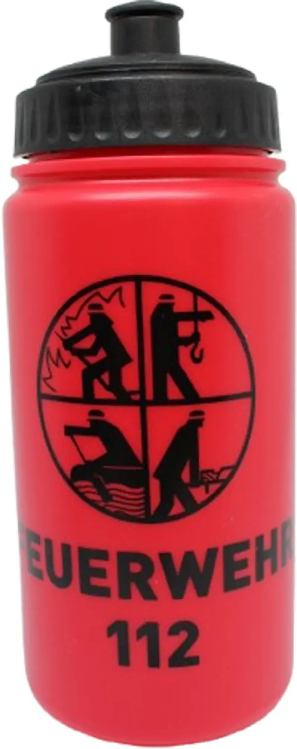 Trinkflasche rot/schwarz mit Signet und Feuerwehr 112